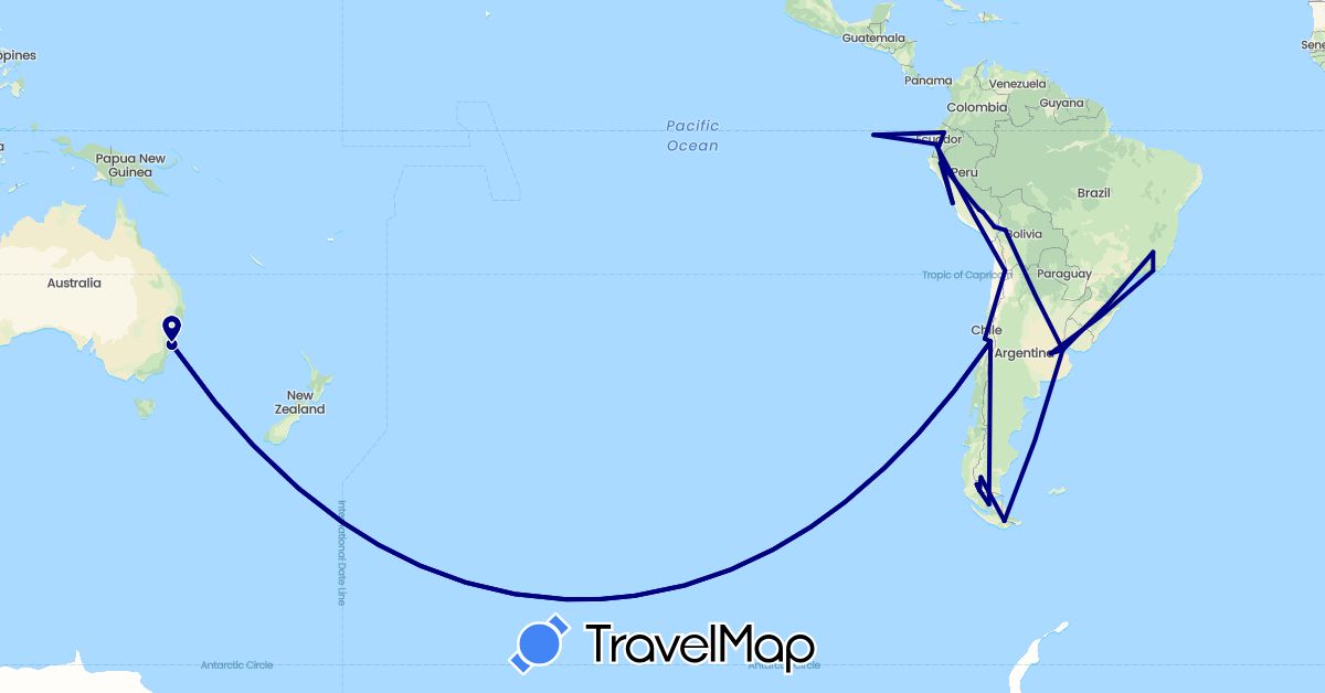 TravelMap itinerary: driving in Argentina, Australia, Bolivia, Brazil, Chile, Ecuador, Peru (Oceania, South America)